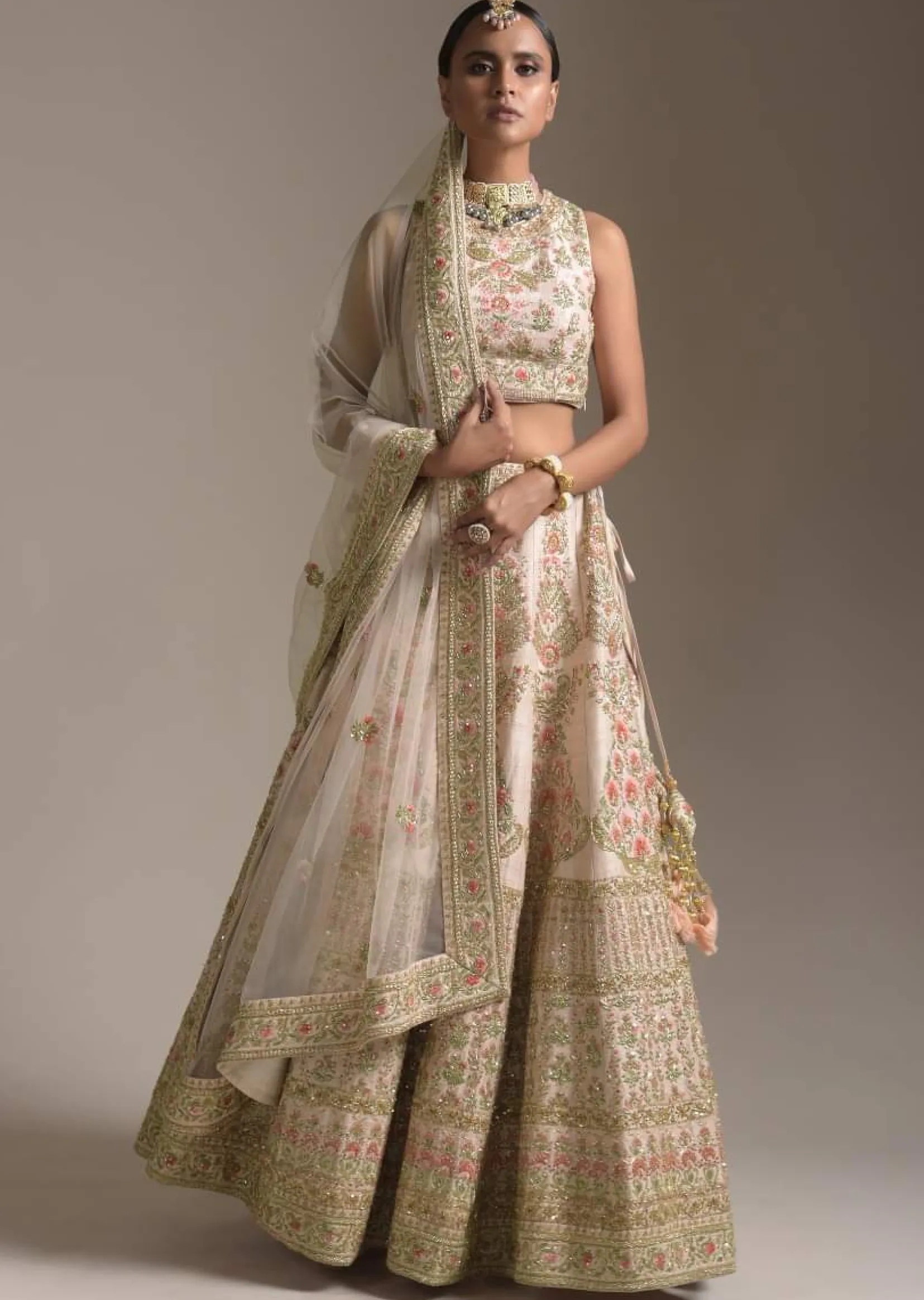 Creamy Pink Lehenga Choli In Raw Silk With Pink Resham And Zardosi Embroidered Floral Kalis Online - Kalki Fashion