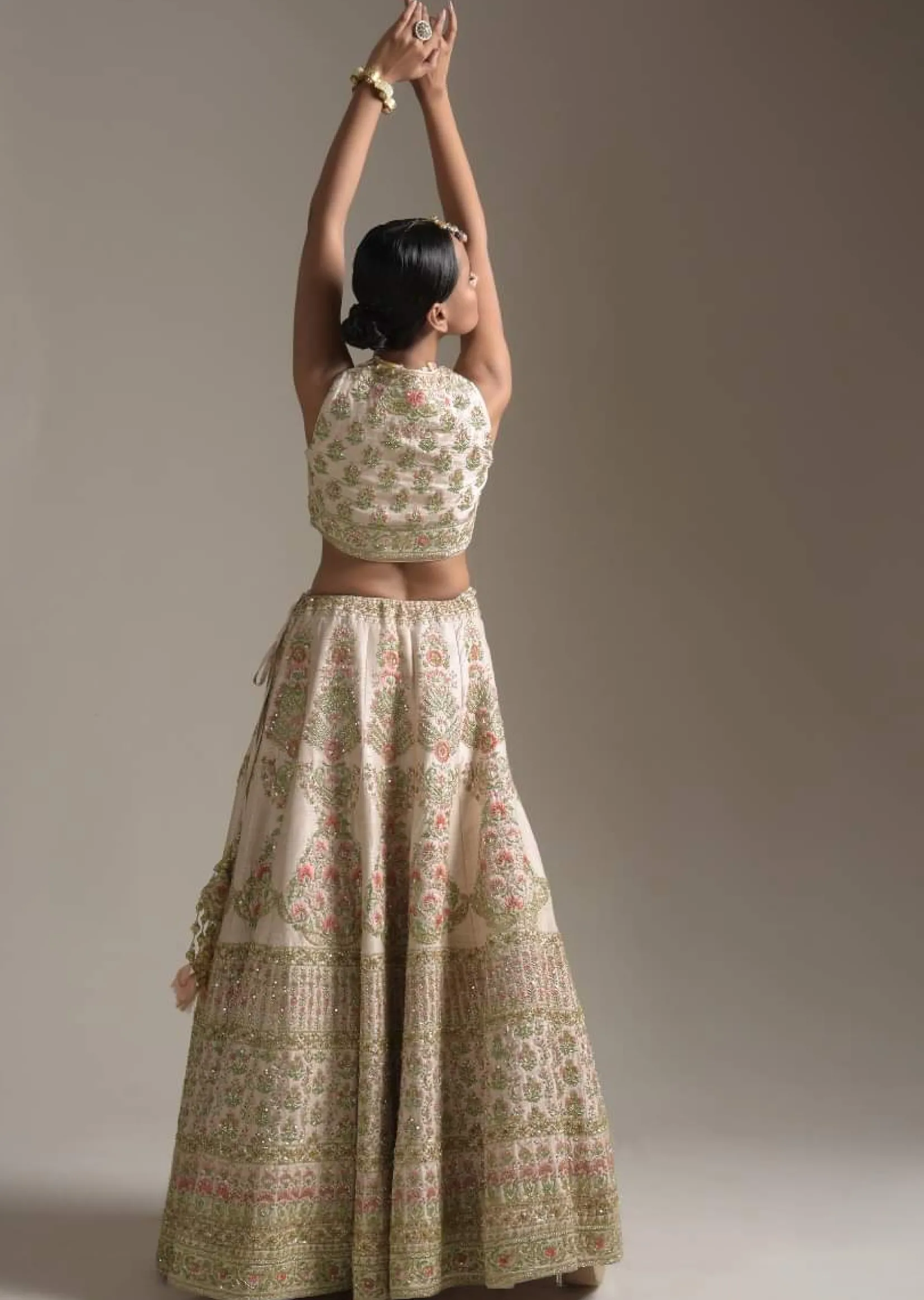 Creamy Pink Lehenga Choli In Raw Silk With Pink Resham And Zardosi Embroidered Floral Kalis Online - Kalki Fashion