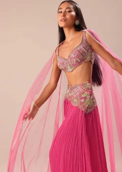 Crimson Pink Palazzo With Embroidered Blouse And Cape