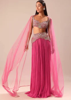 Crimson Pink Palazzo With Embroidered Blouse And Cape