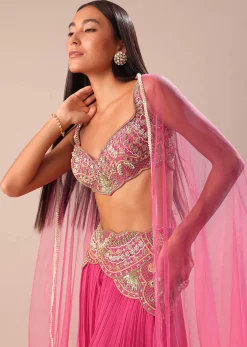 Crimson Pink Palazzo With Embroidered Blouse And Cape
