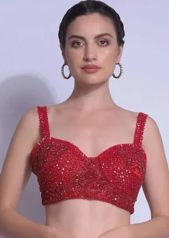 Crimson Red Blouse With Sequins And Cut Dana Work And Sweetheart Neckline