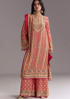 Crimson Red Printed Palazzo Suit Set