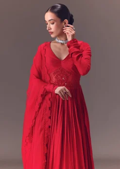 Crimson Red Ruched Embroidered Suit With Dupatta