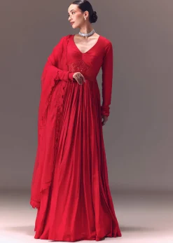 Crimson Red Ruched Embroidered Suit With Dupatta