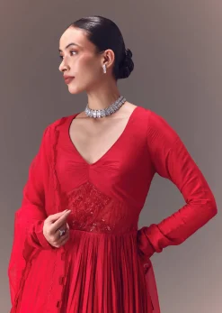 Crimson Red Ruched Embroidered Suit With Dupatta