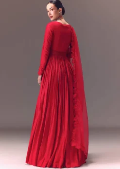 Crimson Red Ruched Embroidered Suit With Dupatta