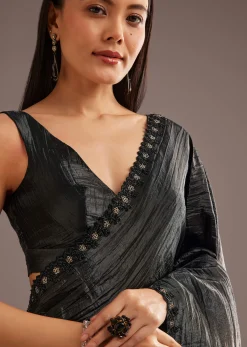 Crushed Tissue Silk Saree With Cutdana Scallop Border