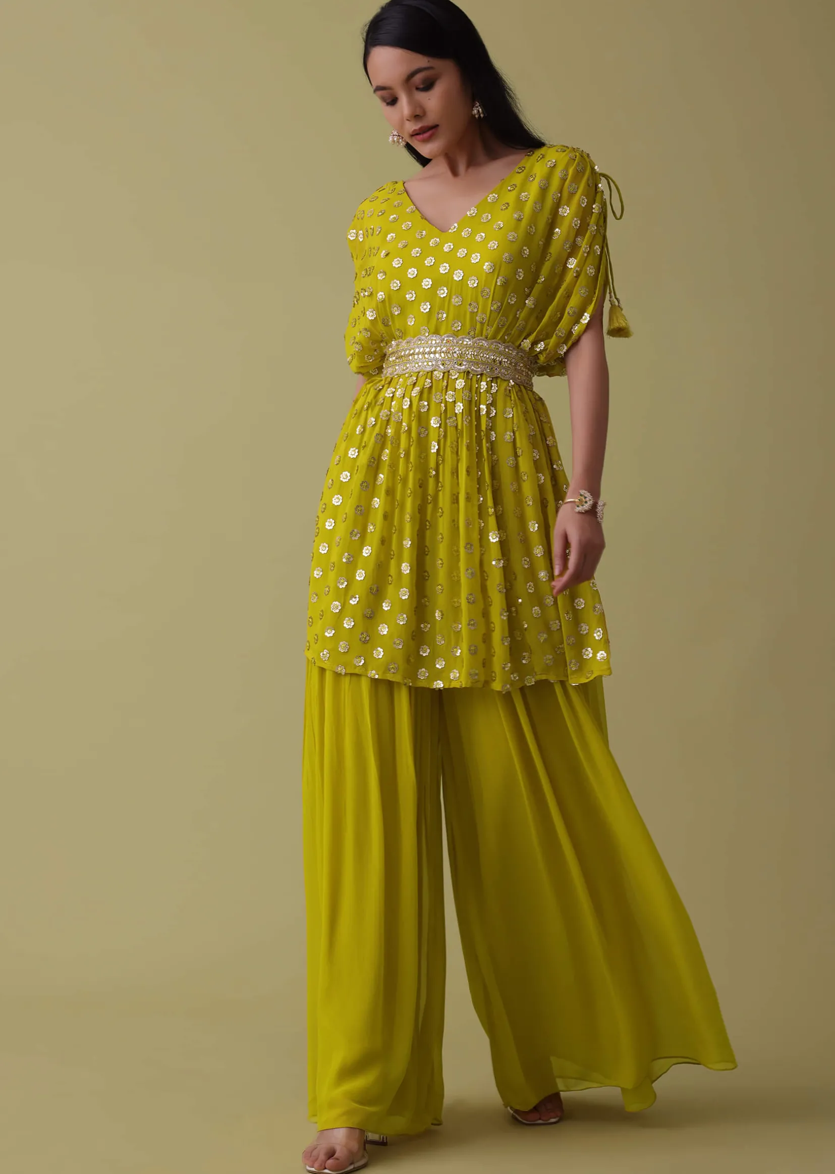 Cyber Yellow Palazzo Top Set In Georgette With Sequins Work