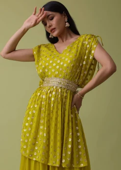 Cyber Yellow Palazzo Top Set In Georgette With Sequins Work