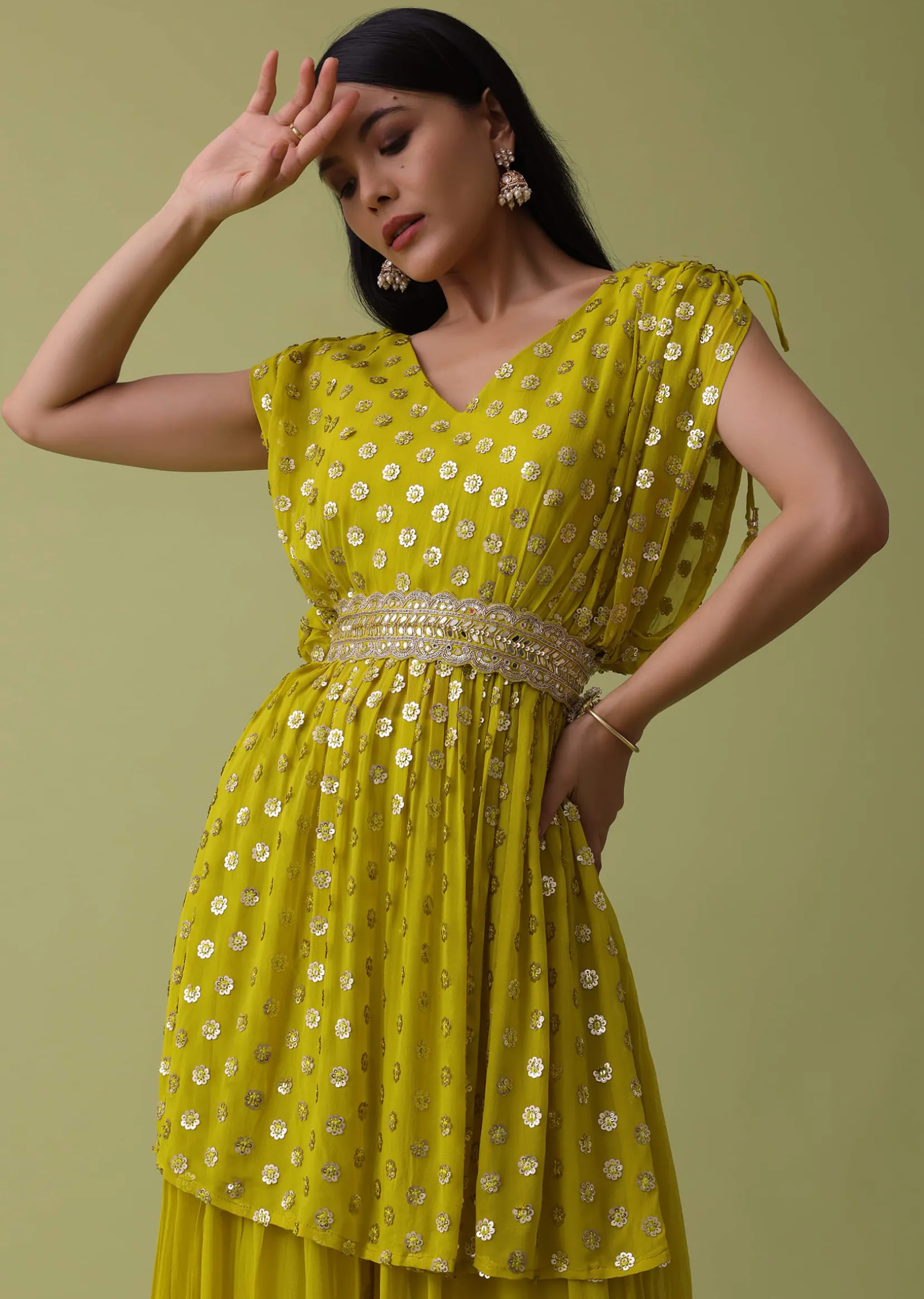 Cyber Yellow Palazzo Top Set In Georgette With Sequins Work