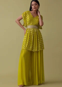 Cyber Yellow Palazzo Top Set In Georgette With Sequins Work