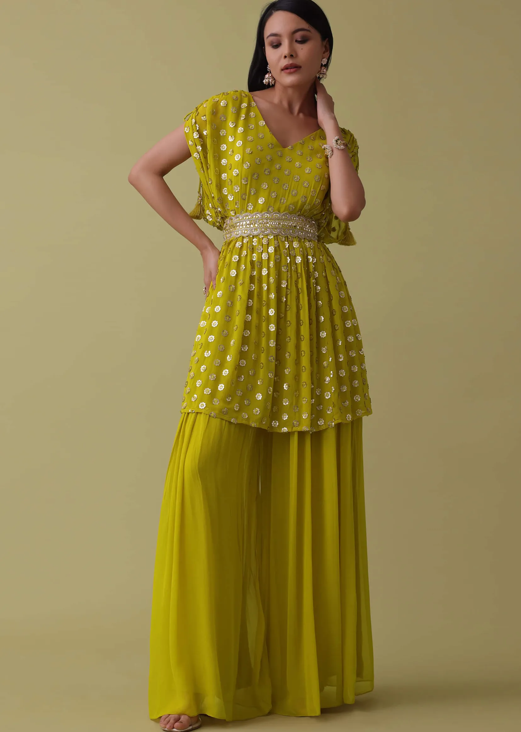 Cyber Yellow Palazzo Top Set In Georgette With Sequins Work