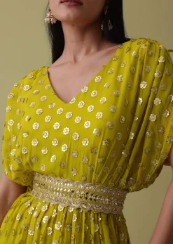 Cyber Yellow Palazzo Top Set In Georgette With Sequins Work
