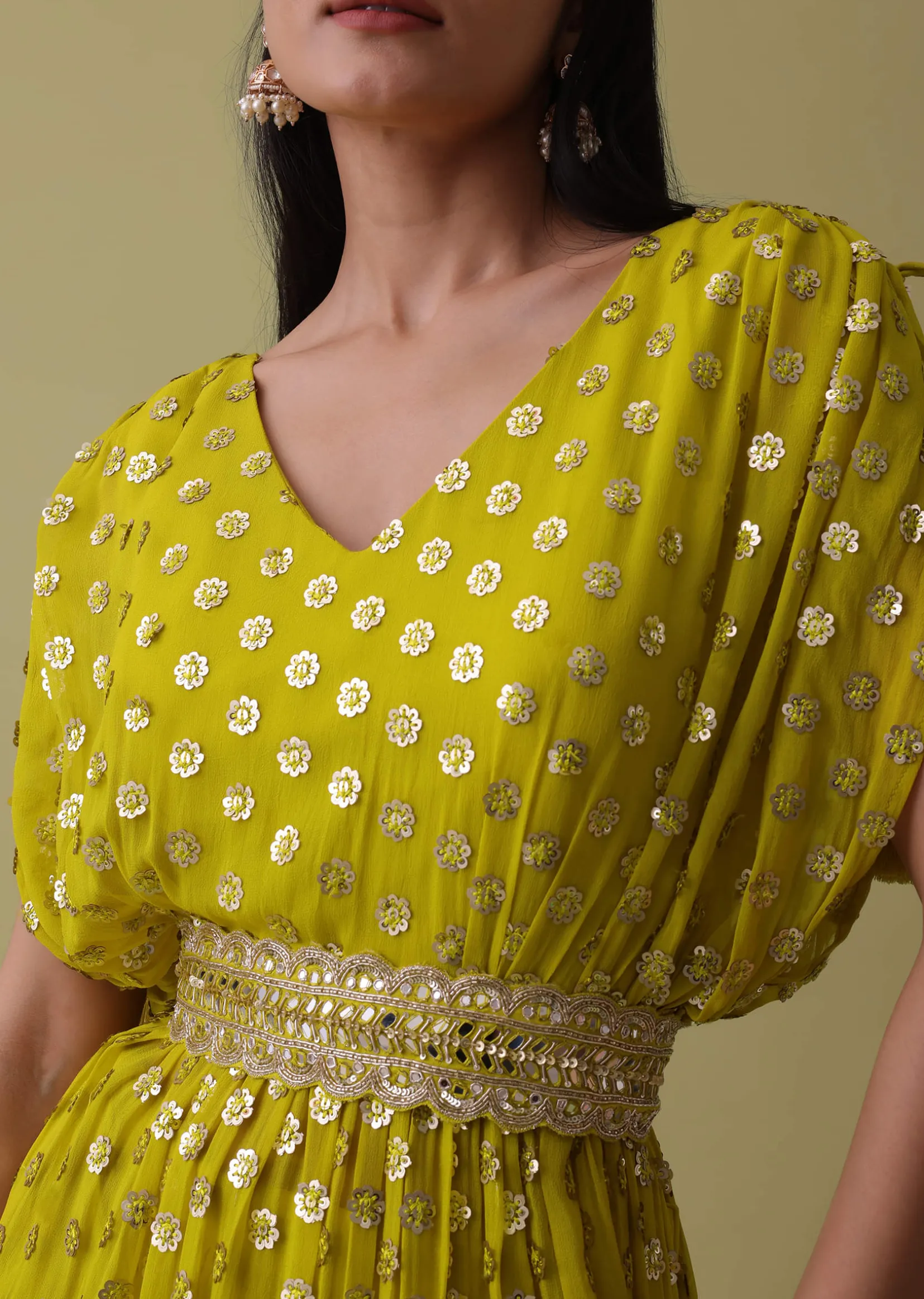 Cyber Yellow Palazzo Top Set In Georgette With Sequins Work
