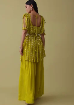 Cyber Yellow Palazzo Top Set In Georgette With Sequins Work