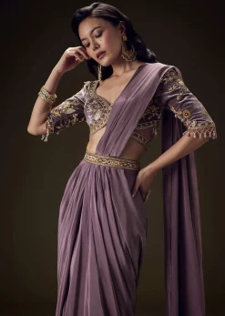 Dahlia Purple Ready To Wear Saree With Hand Embroided Belt Hand Velvet Blouse