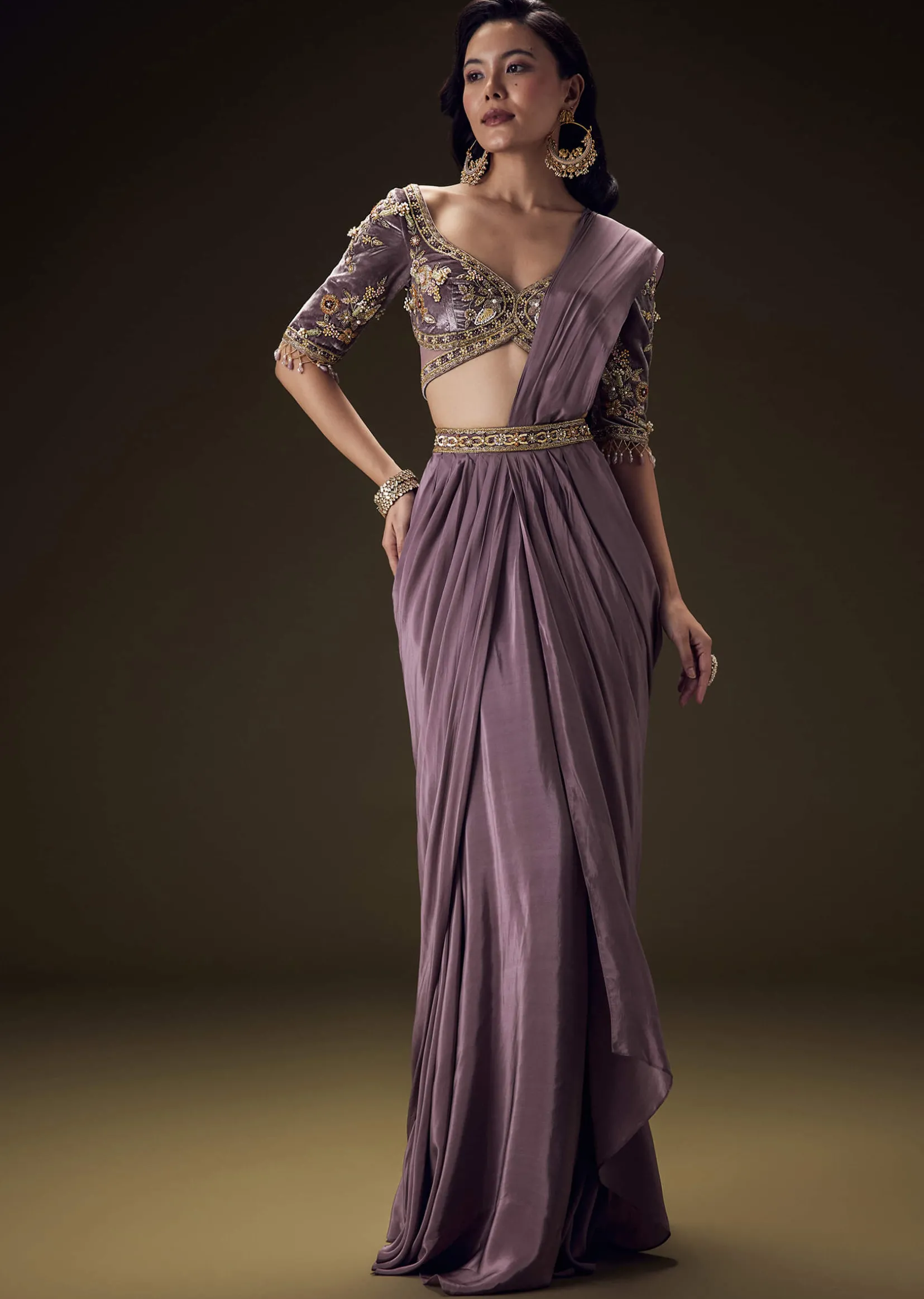 Dahlia Purple Ready To Wear Saree With Hand Embroided Belt Hand Velvet Blouse