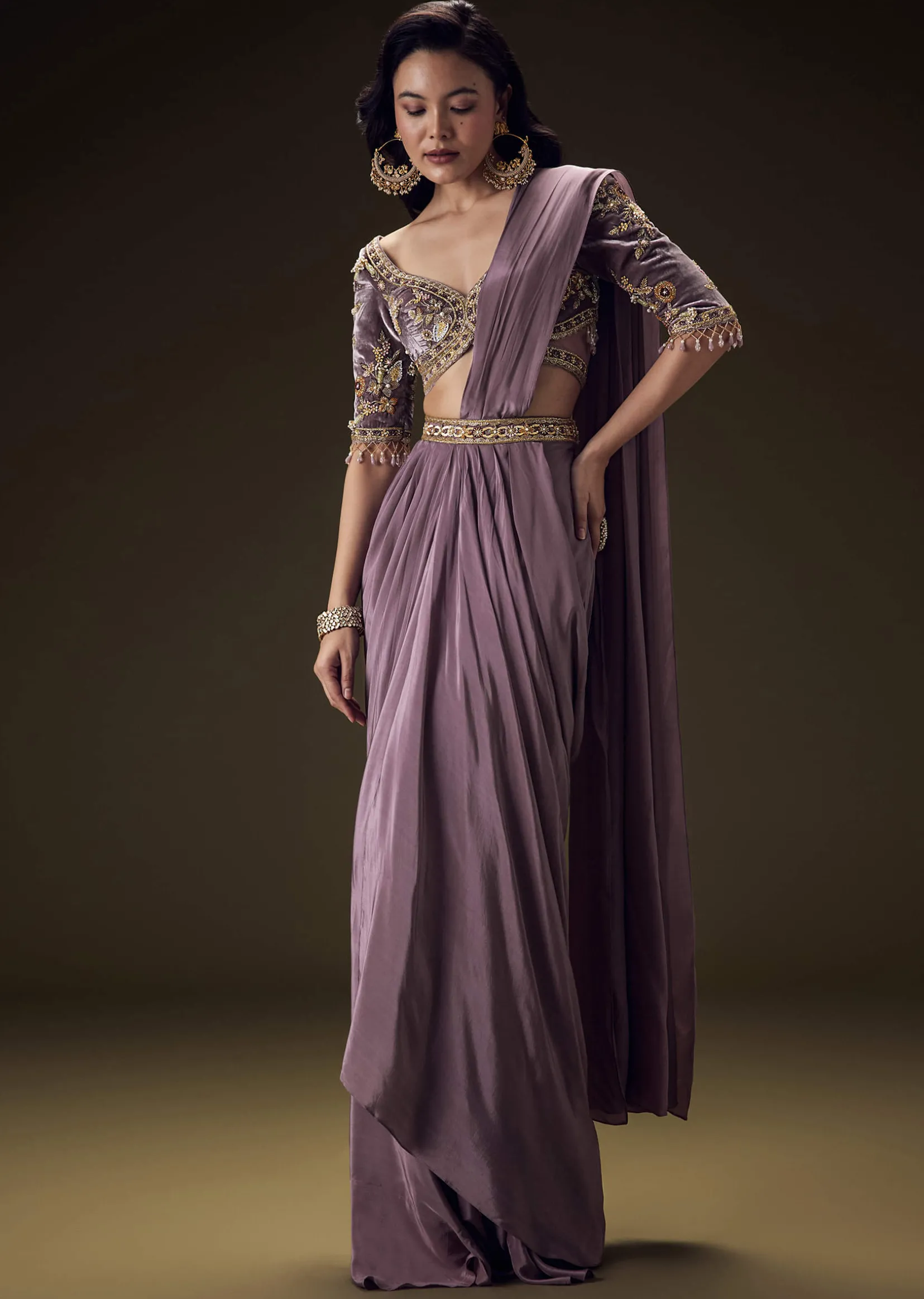 Dahlia Purple Ready To Wear Saree With Hand Embroided Belt Hand Velvet Blouse