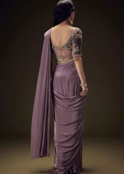 Dahlia Purple Ready To Wear Saree With Hand Embroided Belt Hand Velvet Blouse