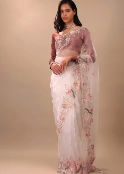 Daisy Dancer White Saree In Organza With 3D Floral Embroidery