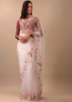 Daisy Dancer White Saree In Organza With 3D Floral Embroidery