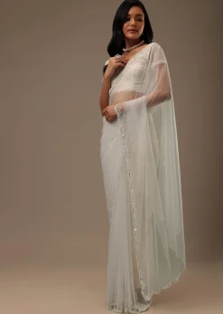 Daisy White Net Fabricated Saree With Mirror Work