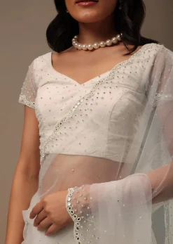 Daisy White Net Fabricated Saree With Mirror Work