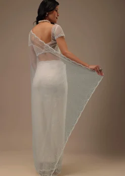 Daisy White Net Fabricated Saree With Mirror Work