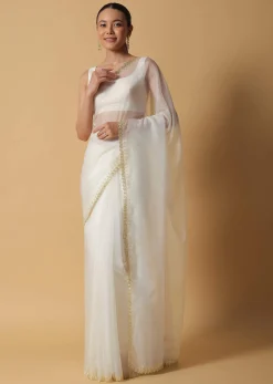 Daisy White Organza Saree In With Cut Dana Embroidered Borders