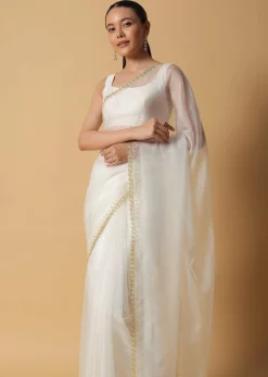Daisy White Organza Saree In With Cut Dana Embroidered Borders