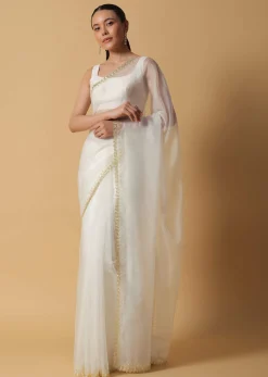 Daisy White Organza Saree In With Cut Dana Embroidered Borders