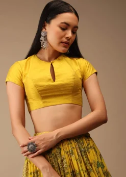 Dandelion Yellow Blouse In Raw Silk With Cap Sleeves And Keyhole Neckline