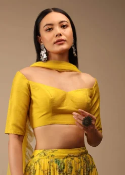 Dandelion Yellow Blouse In Raw Silk With Off Shoulder Half Sleeves And Sweetheart Neckline
