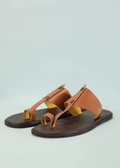 Dark And Tan Brown Strappy Slides For Men In Leather With Buttons