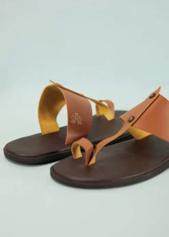 Dark And Tan Brown Strappy Slides For Men In Leather With Buttons