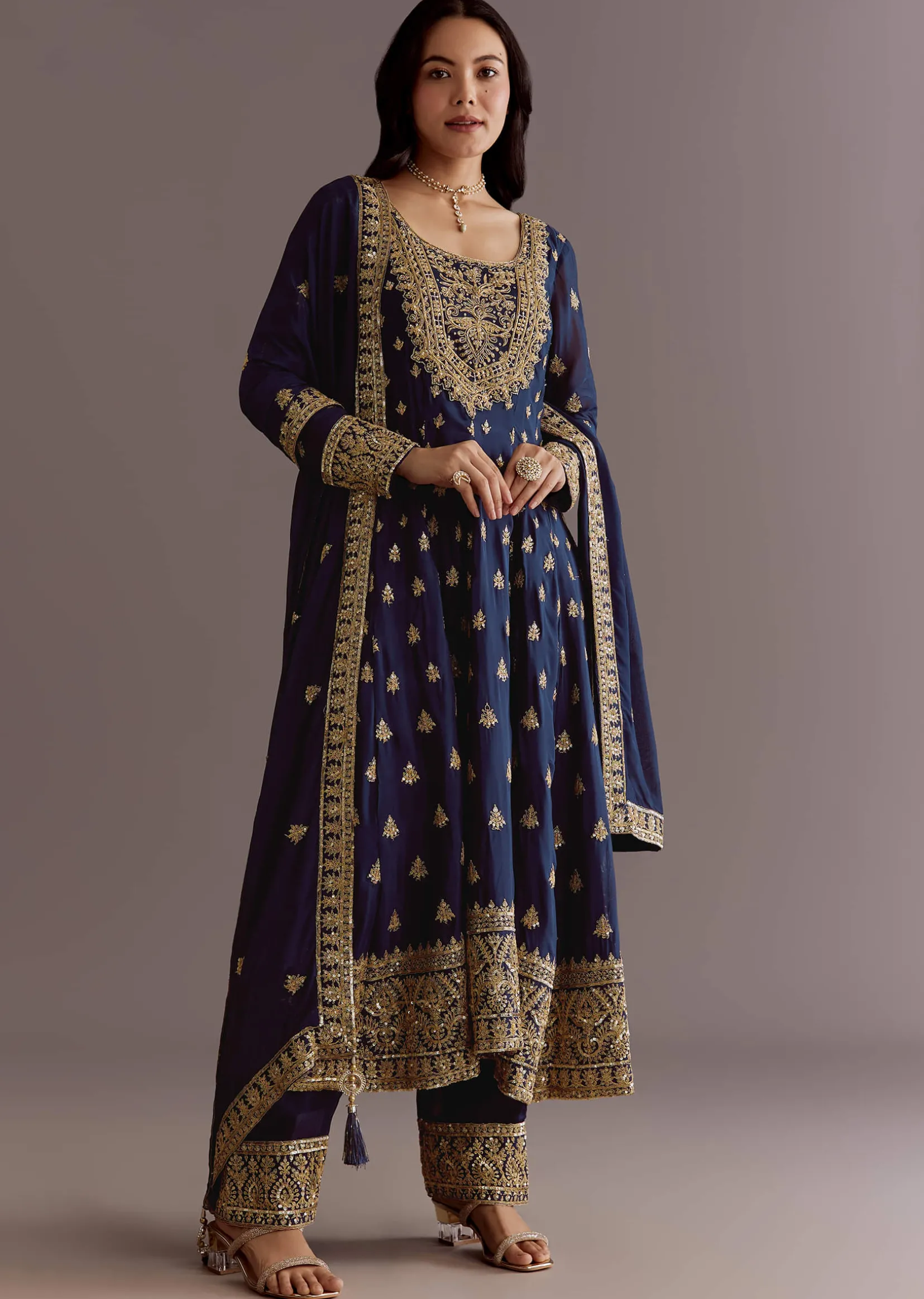 Dark Blue Chinon Zari Embroidered Anarkali Suit With Dupatta