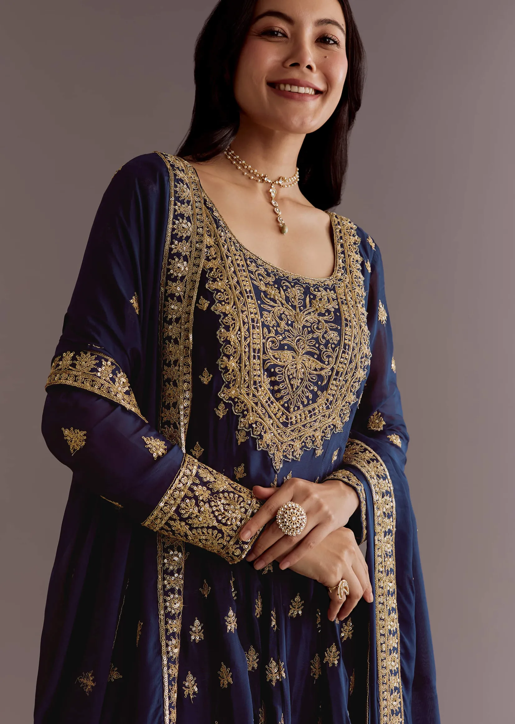 Dark Blue Chinon Zari Embroidered Anarkali Suit With Dupatta