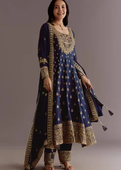 Dark Blue Chinon Zari Embroidered Anarkali Suit With Dupatta