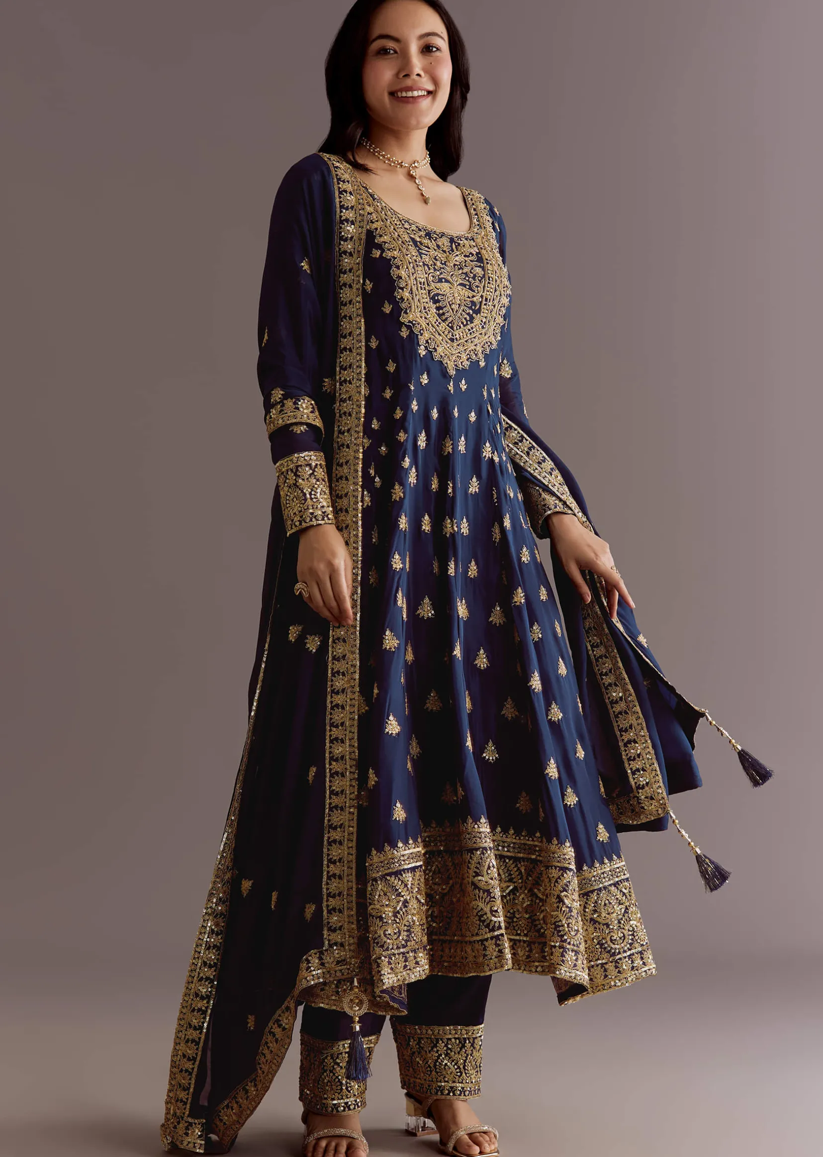 Dark Blue Chinon Zari Embroidered Anarkali Suit With Dupatta