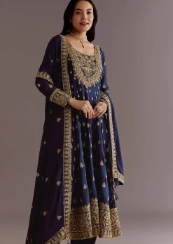 Dark Blue Chinon Zari Embroidered Anarkali Suit With Dupatta