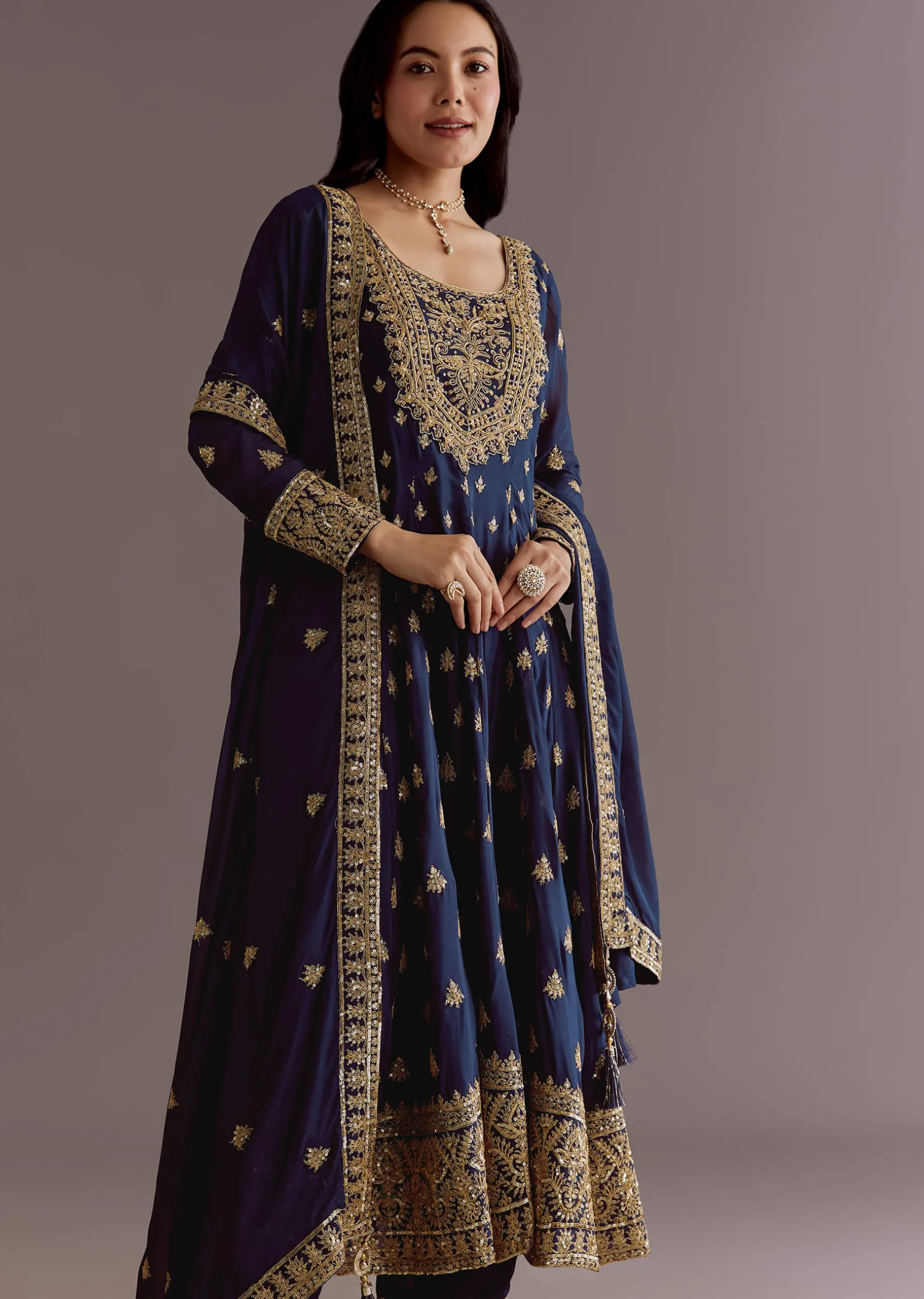 Dark Blue Chinon Zari Embroidered Anarkali Suit With Dupatta