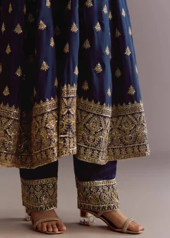 Dark Blue Chinon Zari Embroidered Anarkali Suit With Dupatta