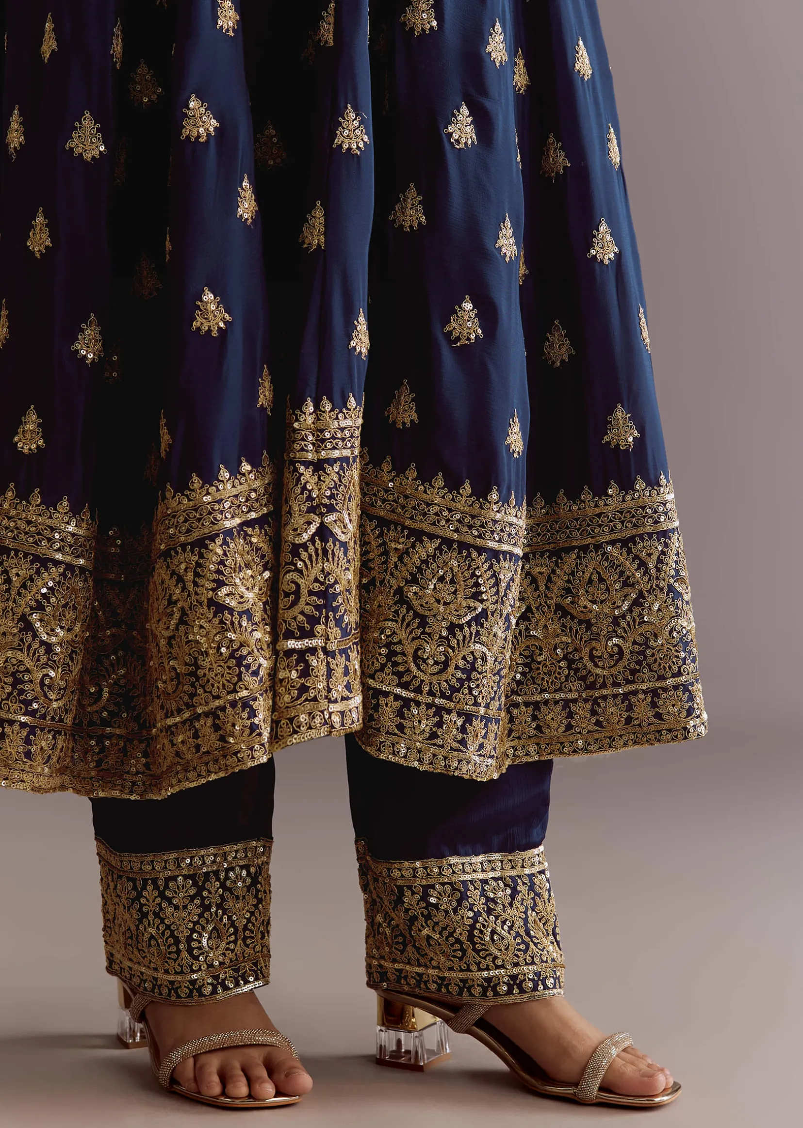 Dark Blue Chinon Zari Embroidered Anarkali Suit With Dupatta