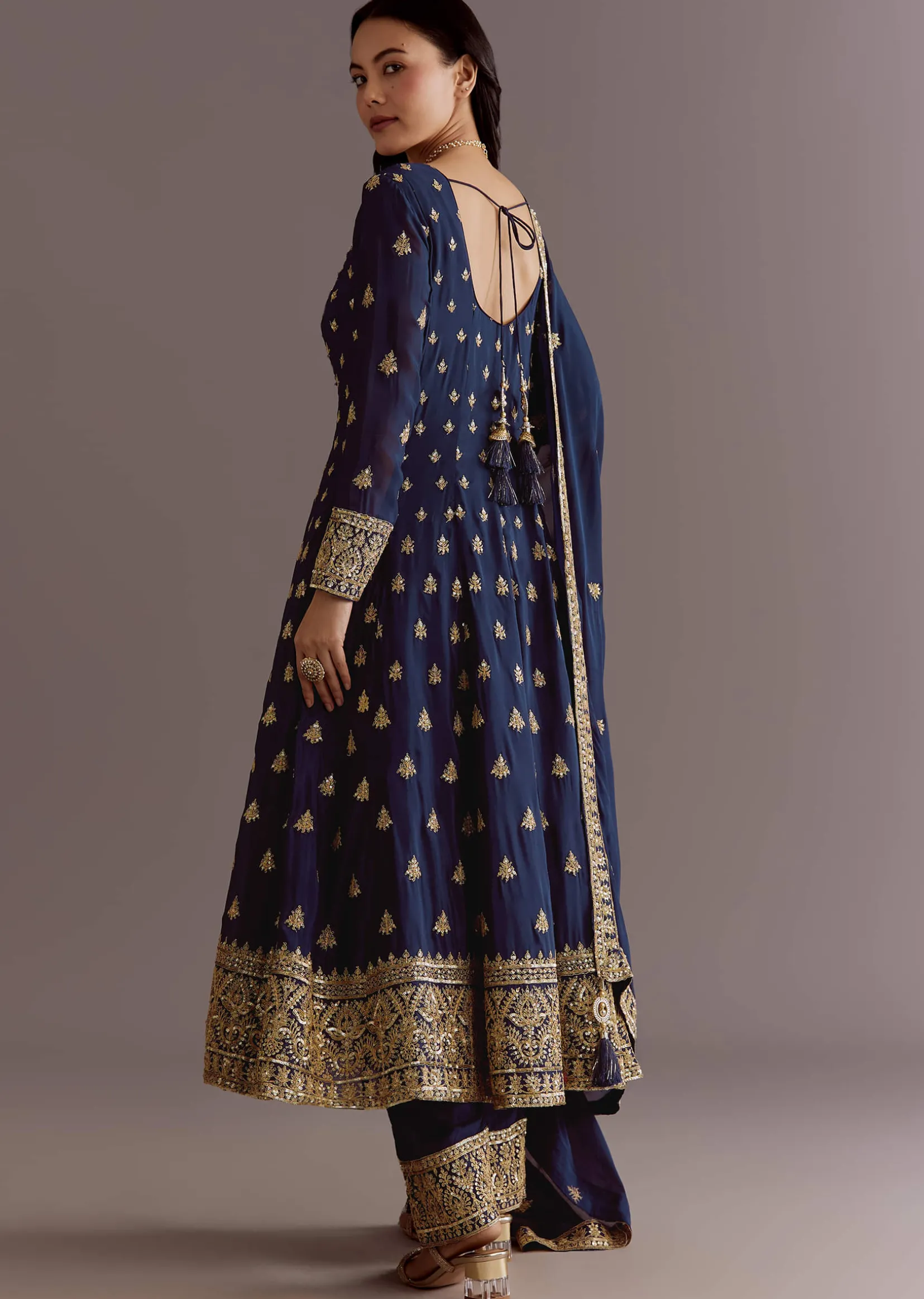 Dark Blue Chinon Zari Embroidered Anarkali Suit With Dupatta