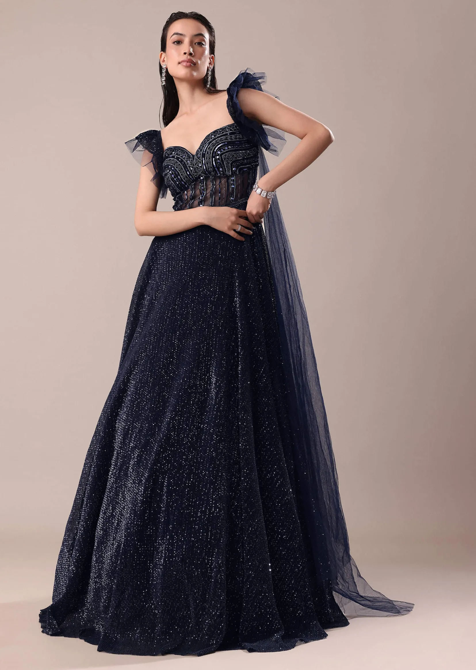 Dark Blue Embroidered Gown With Wings