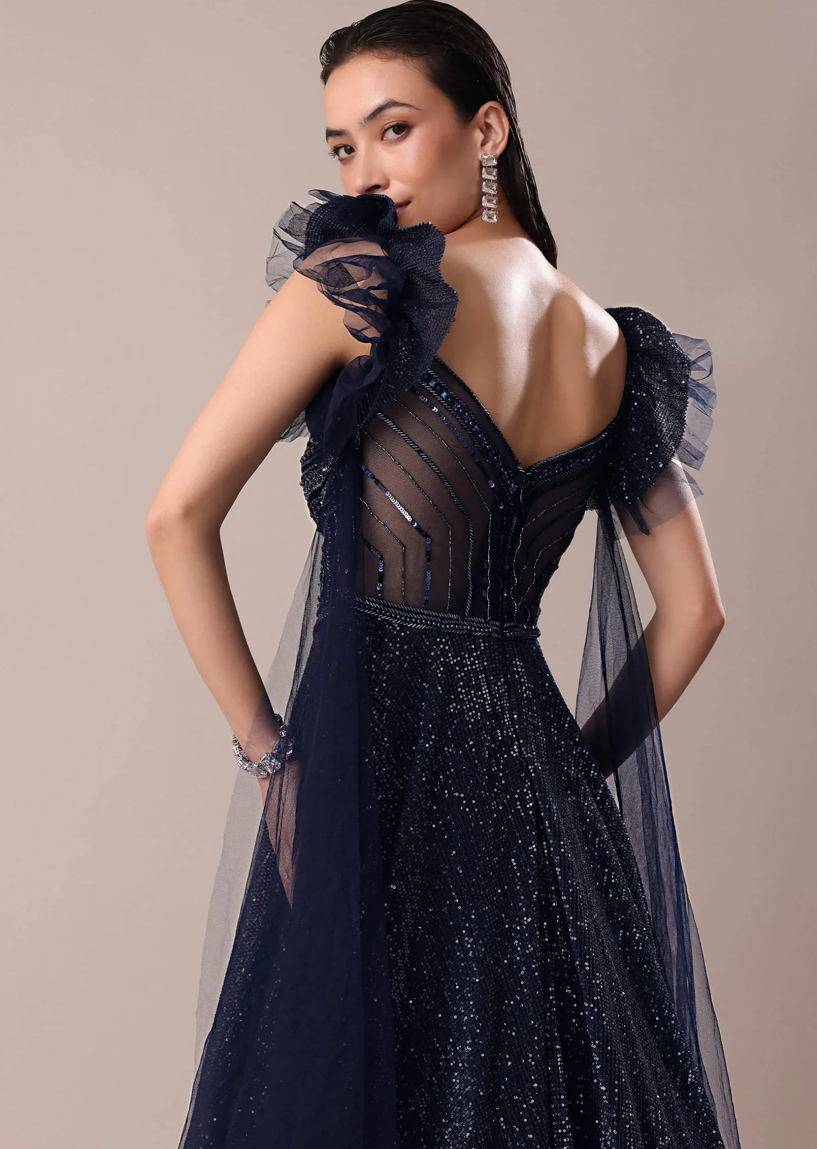 Dark Blue Embroidered Gown With Wings