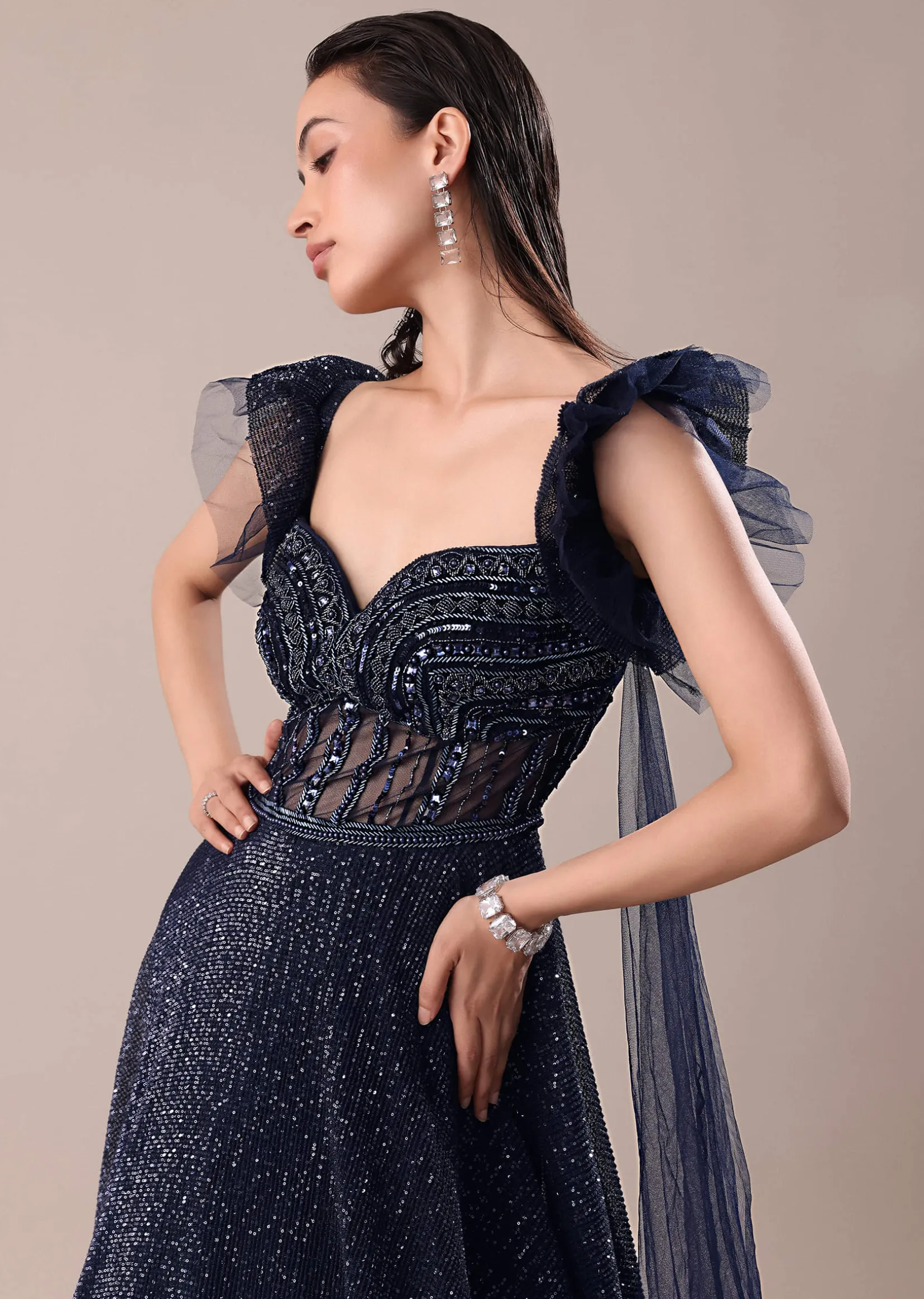 Dark Blue Embroidered Gown With Wings