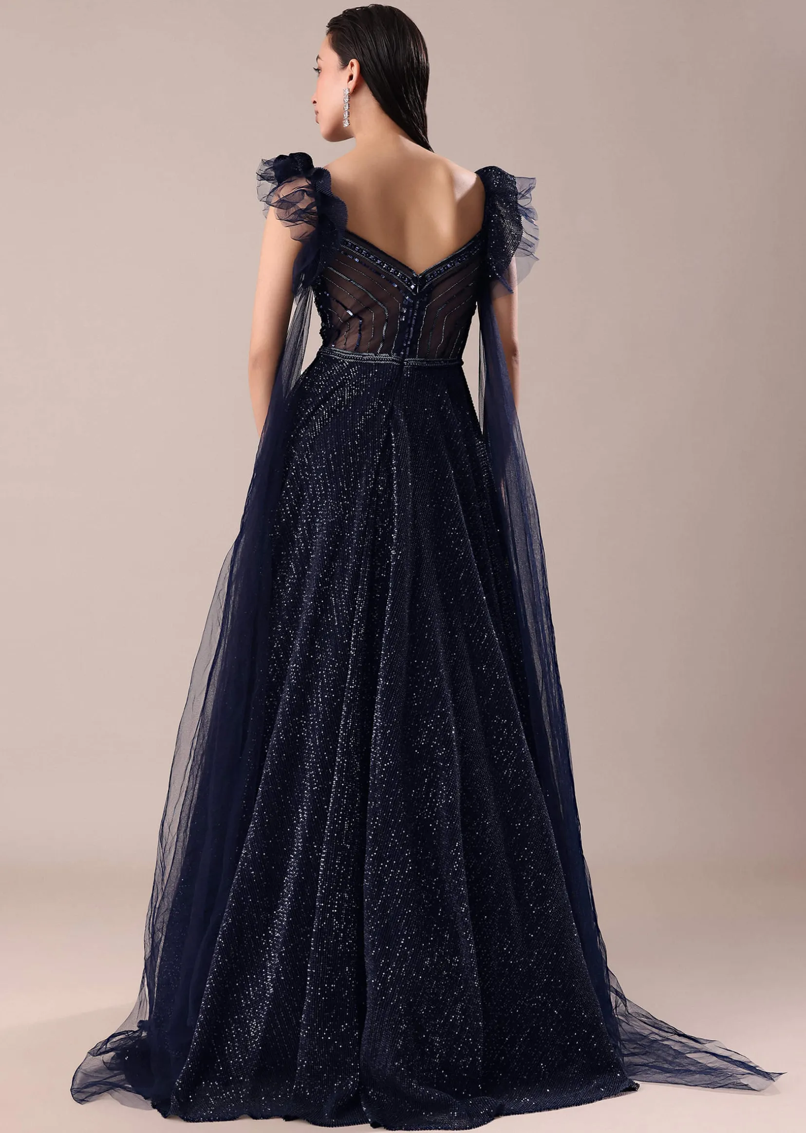 Dark Blue Embroidered Gown With Wings