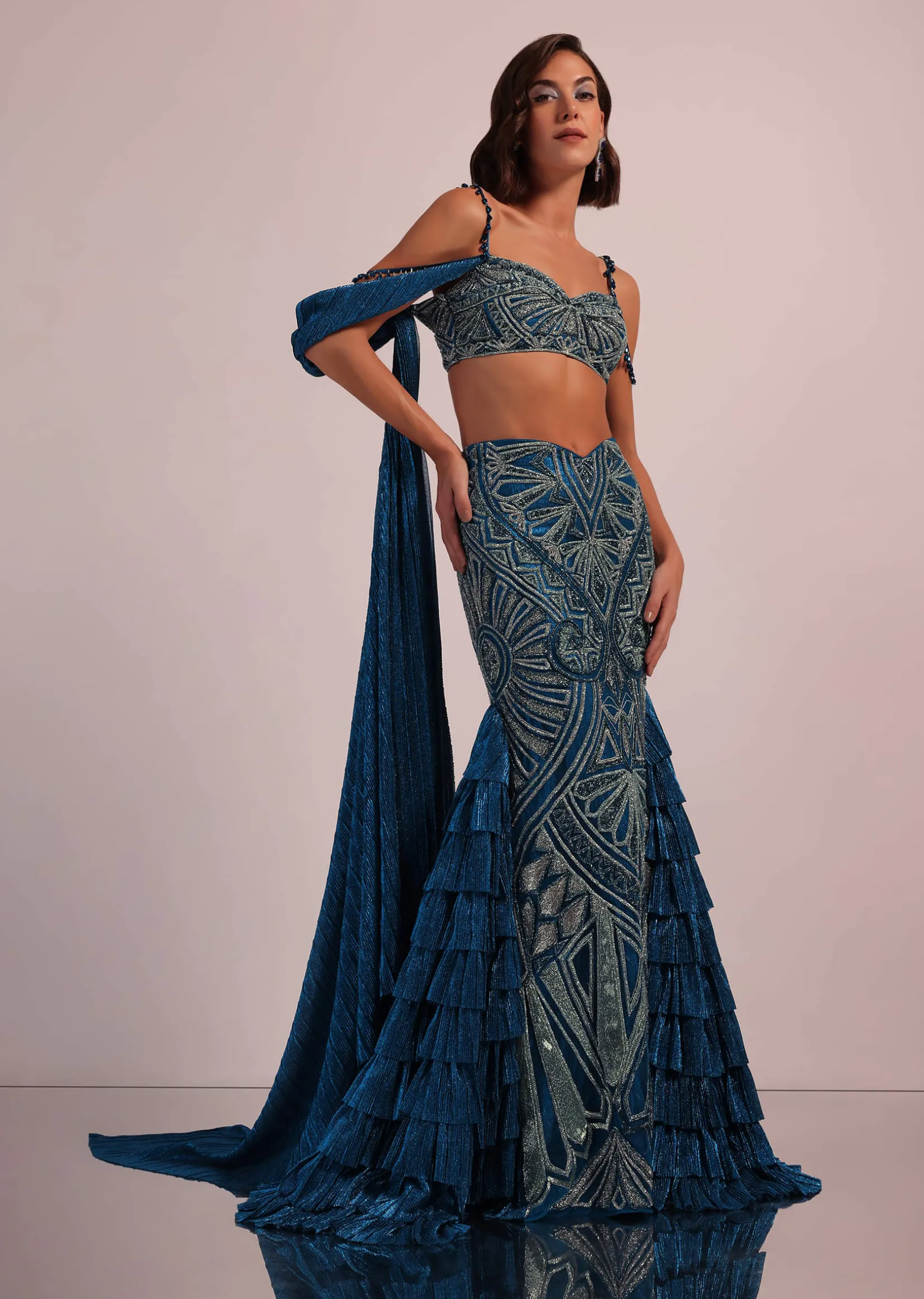 Dark Blue Fish Cut Bridal Lehenga Set In Net With Attached Cape